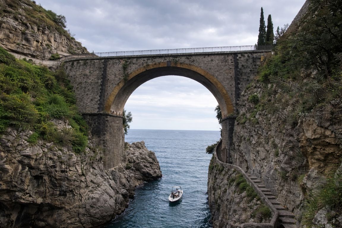 Furore Fjord stone bridge and dramatic cliffs on the Amalfi Coast during guided tour with Italy Amalfi Coast Tours